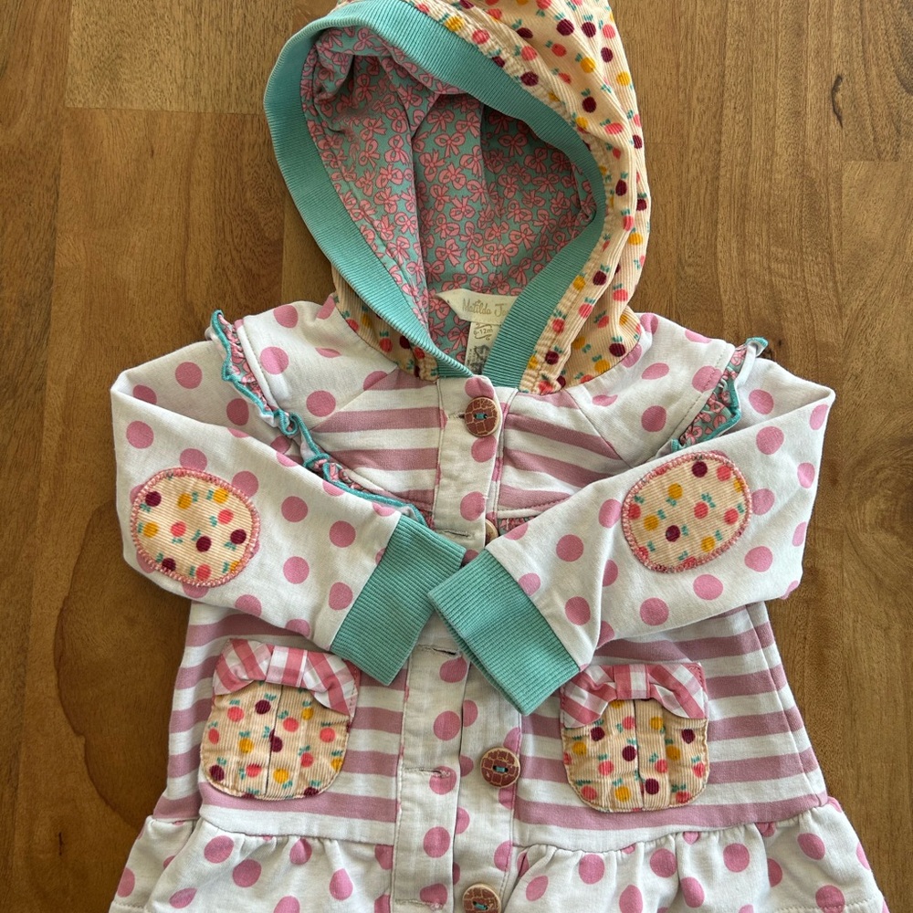 Matilda Jane Polka Dot & Striped Jacket w/ Corduroy Hood & Patches Size 6-12 Mo.